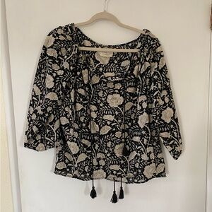 Denim & Supply Ralph Lauren Boho Black & Cream Floral Peasant Top w/ Tassel Ties
